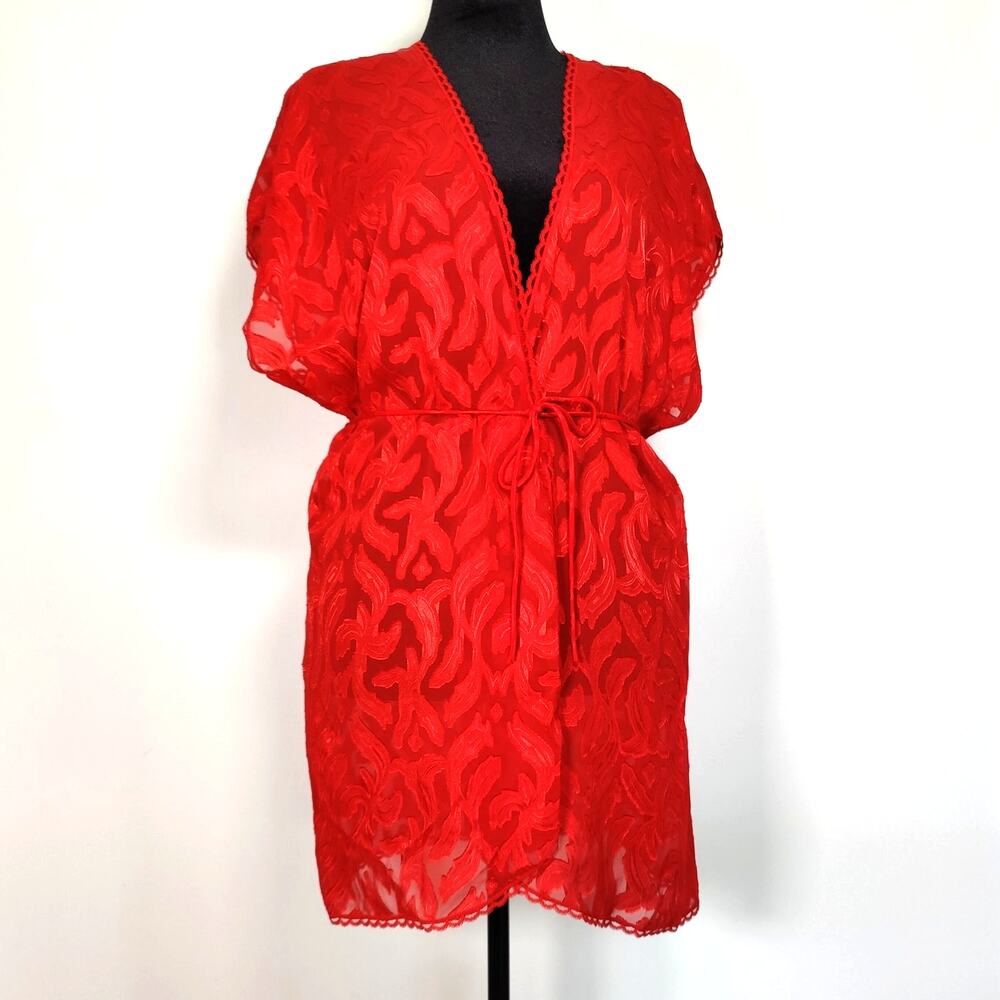 Y2K Red Sheer Burnout Robe Tie Waist Lingerie M Coquette Old Hollywood